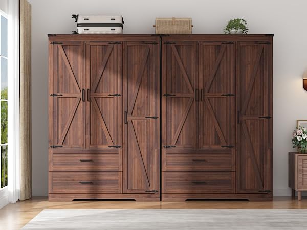 Farmhouse Wardrobe Armoire Closet with 3 Doors and 2 Drawers, 70.1" Wooden Clothing Storage Cabinet, Freestanding Large Capacity Storage Wardrobe Armoire with Hanging Rod for Bedroom, Brown St.Mandyu