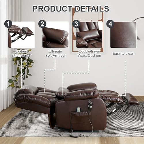 EDILLY XL Large Genuine Leather Lift Chair Recliner for Elderly, Dual Motor with Massage and Heating,with Double Lumbar Cushion and Extended Footrest,USB Port and Remote,Seat Width 26"(Brown)