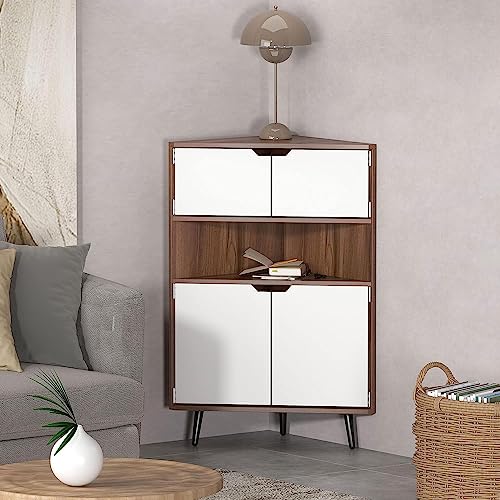 SogesHome Corner Cabinet, 4-Tier Wood Wall Corner Storage Cabinet with 4-Door Cabinet&1 Cube, for Small Space, Living Room, Bedroom, Dining Room SogesHome