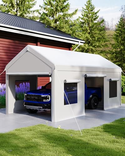10x20 ft Heavy Duty Carport with Removable Sidewalls, Waterproof Outdoor Garage Tent for Cars/Trucks/Boats, Portable Storage Shelter with Roll-Up Windows & Doors PeakPursuit