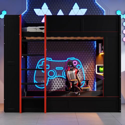 MaiDeHaoo Full Size Gaming Bunk Bed with Desk and Storage Shelves, LED Bunk Bed with Charging Station for Teens Adults, Black MaiDeHaoo