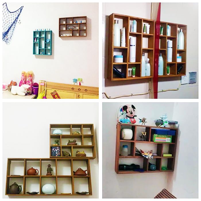 Shadow Box Display Shelf, Wall Mounted Wooden Hanging Display Shelf Floating Shelf Perfect for Little Figurines, Multi-Slot Wall Collection Freestanding Farmhouse Decor Display Case (Style I, Brown) AZOFIA