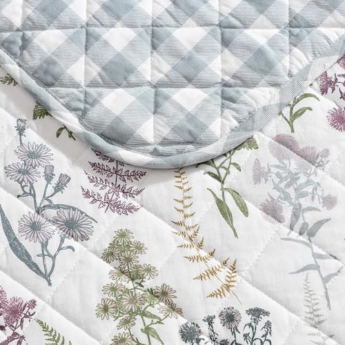 Eddie Bauer - Twin Quilt Set, Reversible Cotton Bedding with Matching Sham, Classic Floral Home Decor with Plaid Reverse (Flower Field Green, Twin) Eddie Bauer
