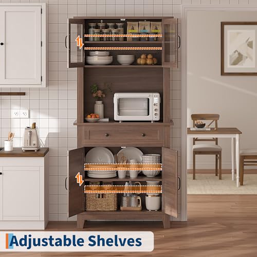 GarveeHome 72 in Tall Kitchen Pantry Cabinet, Kitchen Hutch Bar Cabinet with Microwave Stand, Cupboard with Drawers Glass Doors for Dining Room, White (Brown, 32" Wide) GarveeHome