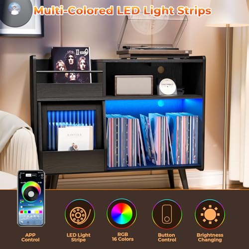 Upgraded Large Black Record Player Stand -Turntable Stand Shelf with with Power Outlet and LED Light,Vinyl Record Storage Cabinet Up to 350 Albums,Wood Record Player Holder Table for Living Room Loomie