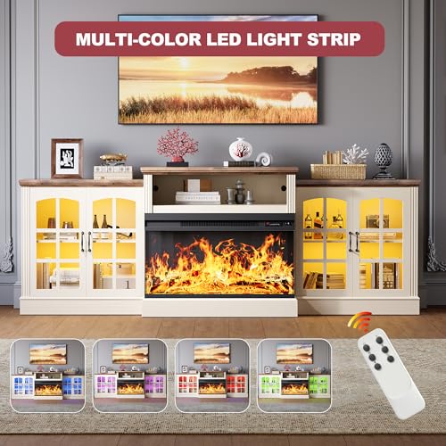 OneBlis 97" Fireplace TV Stand with 36" Electric Fireplace, Farmhouse Entertainment Center for TVs up to 100", Media Console Table with Large Storage Cabinets, for Living Room, White OneBlis