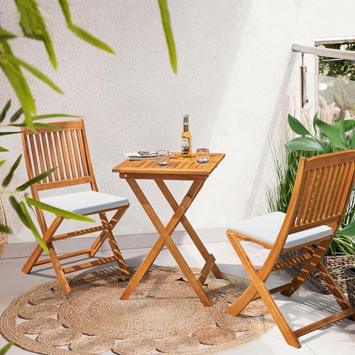 Flamaker Patio Set 3 Piece Acacia Wood Folding Bistro Set Outdoor Square Table and Chairs Balcony Furniture for Porch, Lawn, Backyard (Natural) Flamaker