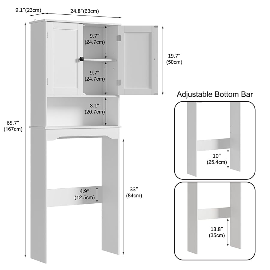 RRX Over The Toilet Storage Cabinet,Bathroom Above Toilet Cabinets Organizer, 24.8" L x 9.1 "W x 65.7 "H Free Standing Toilet Rack with Adjustable Shelf and Open Storage,Double Doors, White RRX