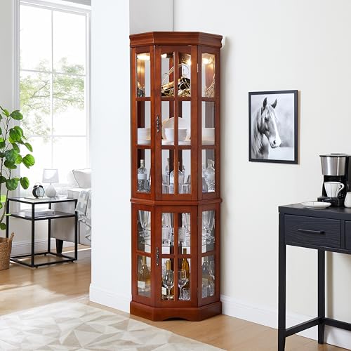 Klaczituj Corner Curio Cabinet with 5 Shelves and Lighting System, Walnut(E26 Light Bulb not Included) Klaczituj