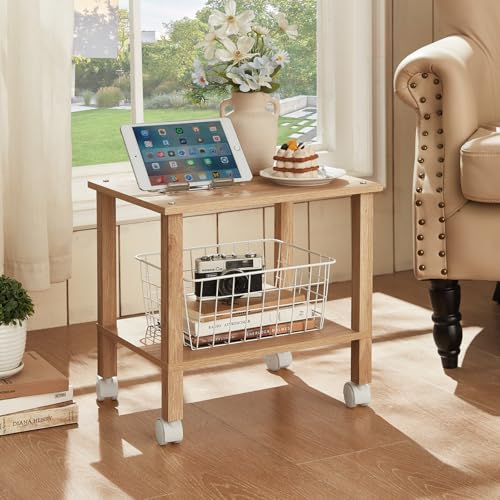 YUFAM 2 Tier Printer Stand with Storage,Under Desk Shelf Printer Table,Small Printer Stand with Wheels,Rolling Printer Cart for Office