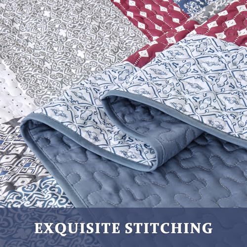 WONGS BEDDING Blue Red Quilt King Size, Bohemian Stripe Quilt Sets 3 Pieces Boho Quilted Bedspread Set Lightweight Microfiber Coverlet Bedding Set All Season (104"x90") WONGS BEDDING