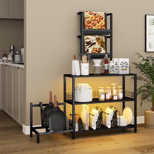 kepptory Tall Record Player Stand with LED Lights, Display Shelf Bookshelf with Guitar Stand, Floor Lamp with Shelves, Vinyl Holder and Adjustable Stand, for Living Room Bedroom(Black) kepptory