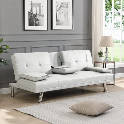 Futon Sofa Bed Modern Folding Couch for Small Space, Faux Leather Convertible Loveseat Sleeper Bed Daybed Recliner Lounge Sofas for Living Room,2 Cup Holders,Metal Legs,Removable Armrests (White) Anwick