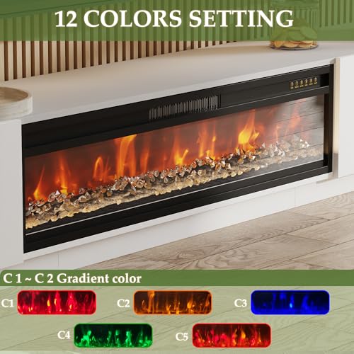 WOODTIME 109.4"W Fireplace TV Stand for TVs up to 85 Inches, 1500W/750W Electric Fireplace with 12-Color Flame, 2-Level Heat, Extra Long Entertainment Center with Large Drawers, for Living Room, White WOODTIME