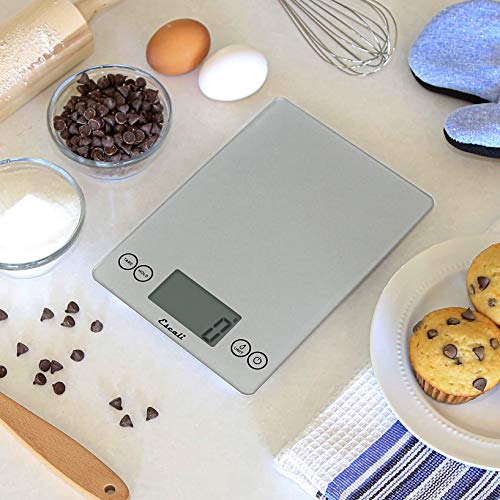 Escali Arti Glass Food Scale Digital Countertop Kitchen, Baking and Cooking Scale with Nutrition and Calorie Counter, 15-Pound Capacity, 9" x 6.5" x .75", Shiny Silver Escali