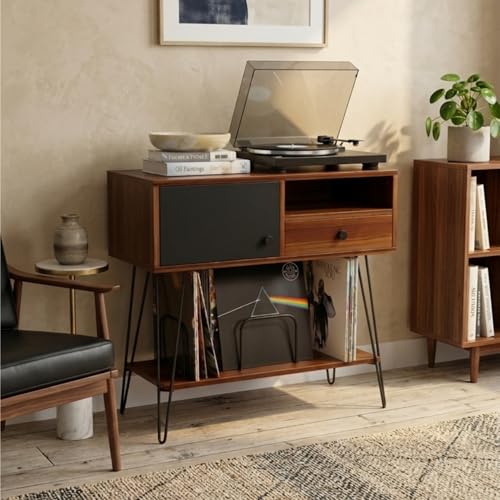 Large Mid Century Modern Record Player Stand with Vinyl Storage Holds Up to 200 Albums - Walnut Console Table for Turntables, Living Room, and Entryway | Record Player Table MAISON LEON