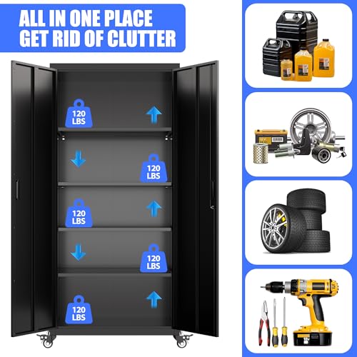 Metal Storage Cabinet with Wheels, 73"H Garage Storage Cabinet with 4 Adjustable Shelves and Locking Doors, Industrial Storage Cabinet for Garage Home Office Utility Room (Black)-Required Assembly Reemoon