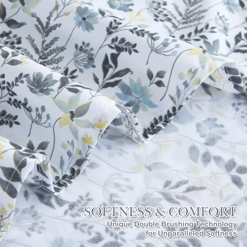 Mooreeke Cozy Vintage Microfiber Printed Twin Sheet Set - Soft Breathable Floral Bed Sheets with Deep Pocket - Non-Slip Fitted Design - Yellow Blue Gray Gradient Flowers Pattern Mooreeke