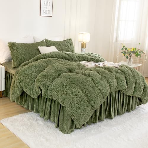 Andency Faux Fur Sage Green Comforter Set Queen Size, 3 Pieces Fluffy Fuzzy Plush Bedding Comforter Set (1 Shaggy Velvet Comforter & 2 Pillowcases), Soft Puffy Comfy Down Comforter Bedding Set
