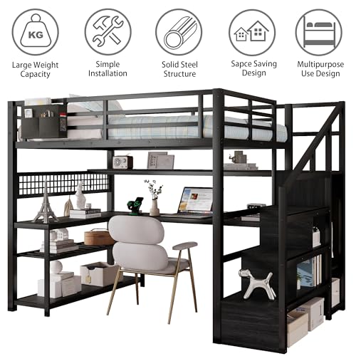 MoproBeti Full Size Loft Bed with Stairs and Desk,Metal Gaming LoftBed with LED Lights,Charging Station, High Loft Beds Frame Full with Storage Shelves,Wardrobe for Teens, Adults, Black MoproBeti
