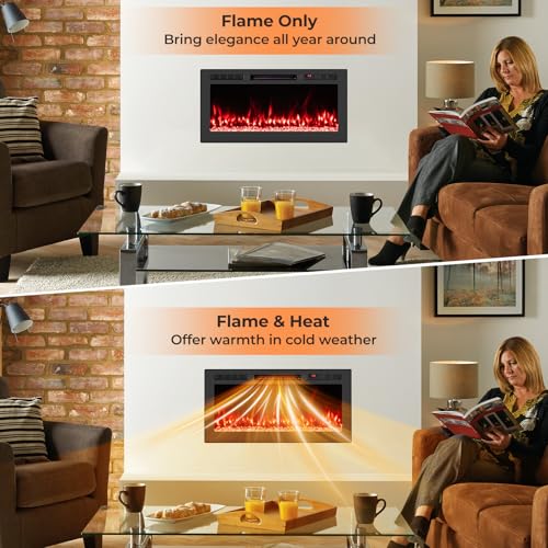 Tangkula 36 inches Smart Electric Fireplace,Recessed & Wall-Mounted 1500W Fire Place with 12 Flame & Ember Bed Colors, 12H Timer, Remote & APP Control, Alexa & Google Assistant Compatible Tangkula