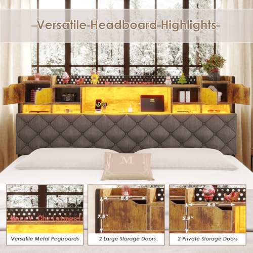 BYSAUD California King Bed Frame with LED Lights & Charging Station, Floating Bed Frame with Storage Headboard, Heavy Duty Metal Platform with Capacity of 1200 LBS, No Box Spring Needed, Grey BYSAUD