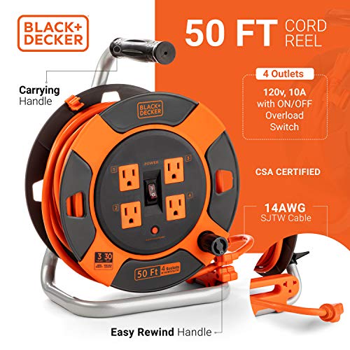 BLACK+DECKER 50 Ft. Retractable Extension Cord Reel With 4 Outlets, Multi-Plug Extension, Easy Handle Rewind & Heavy-Duty 14AWG SJTW Cable Black + Decker