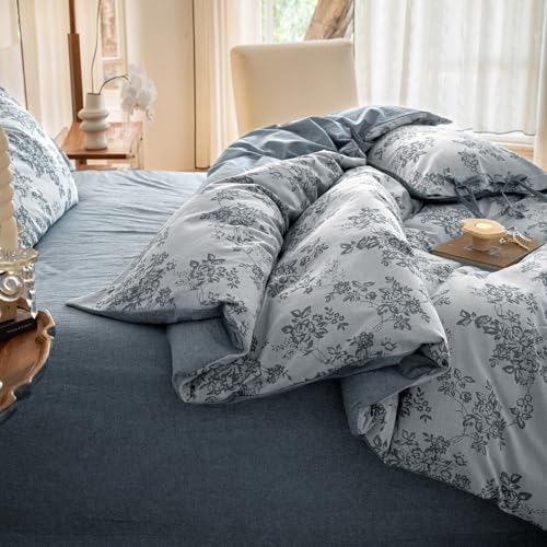 VM VOUGEMARKET Duvet Cover Set King Size Linen Cotton Yarn-Dyed Duvet Cover,Jacquard Garden Floral Pattern Monet Style 3Pieces Bedding Set,Navy Blue VM VOUGEMARKET