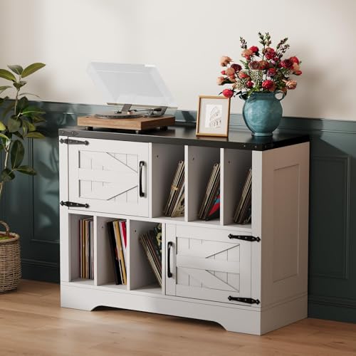 39" Large Record Player Stand with Vinyl Storage, Farmhouse Wood Vinyl Record Storage Cabinet with Barn Doors, Mid-Century Modern Turntable Stand for Living Room, White IDEALHOUSE