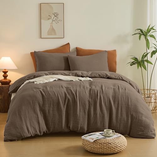Simple&Opulence Linen Muslin Duvet Cover Set Queen Size, 3Pcs Brown Linen Cotton 3-Layer Gauze Minimalist Comforter Cover 88”x92”, Ultra Soft Breathable Seersucker Bedding Set with 2 Pillowcases Simple&Opulence