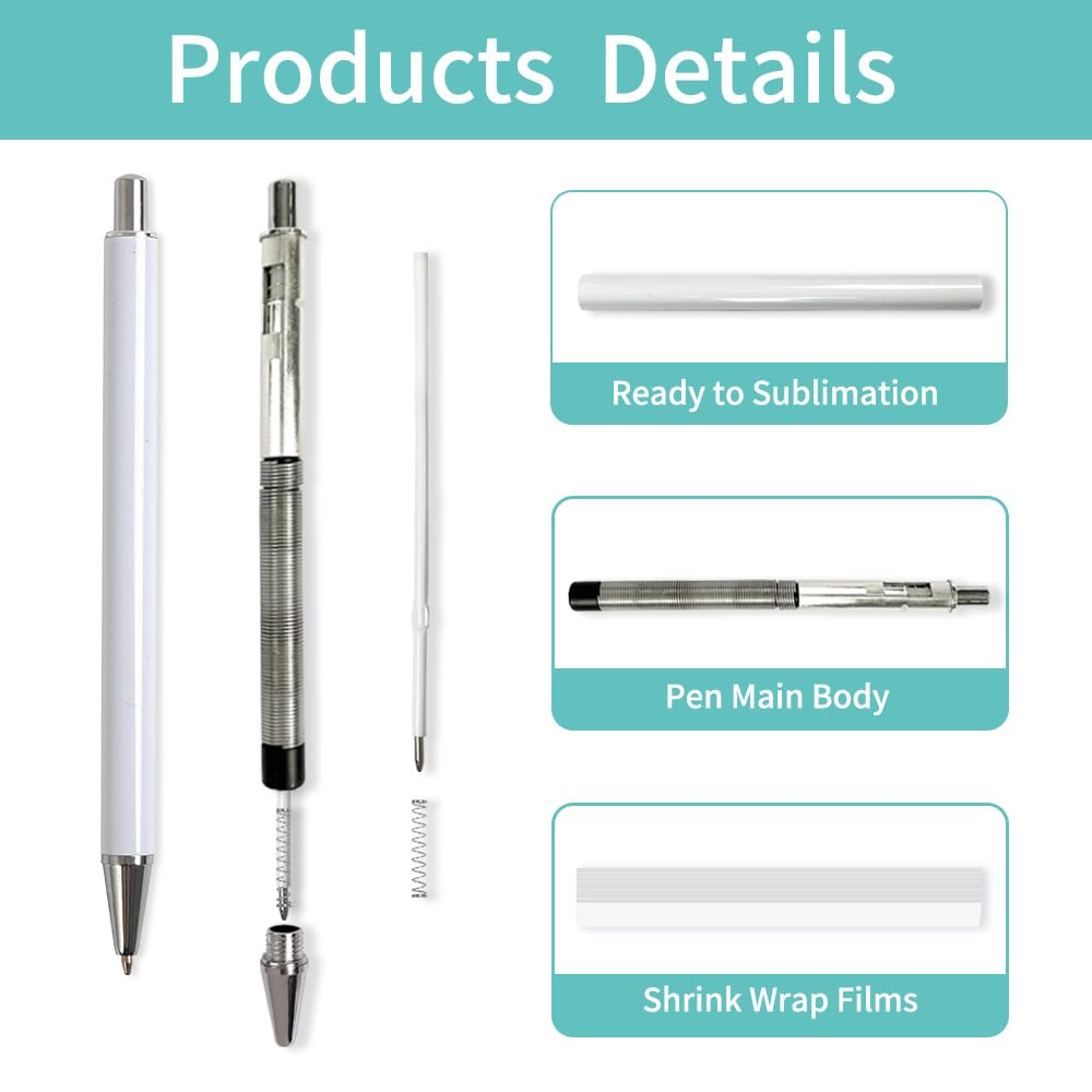 PYD Life 20 Pack Sublimation Pens Blanks No Clip Bulk White with 25 Pieces Shrink Wrap Films,Sublimation Ballpoint Pen Personalized DIY by Pen Heat Press Sublimation Oven PYD Life