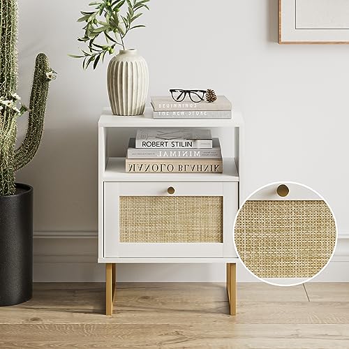 Masupu Rattan Nightstand,Modern Boho Farmhouse Wood Bedside Table with Storage Drawer and Open Shelf,Small Gold Frame Side End Table for Bedroom,Living Room,Office(White) Masupu