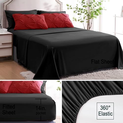 Ubauba 7pc King Size Comforter Set with Sheets, All Season Pintuck 7 Piece Bedding Sets Red and Black, Pinch Pleating Bed in a Bag Set with Comforters (Red and Black,King)