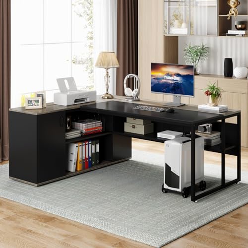 Tribesigns 71 inch Executive Desk, L Shaped Desk with Cabinet Storage, Executive Office Desk with Shelves, Business Furniture Desk Workstation for Home Office, Gray Tribesigns