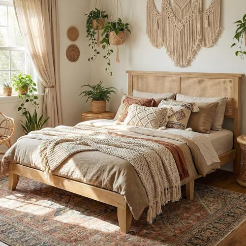 GAOMON Queen Size Rattan Bed Frame, Rattan Bed with LED Light & Natural Headboard, Boho, Storage Space Underneth, Sturdy Wooden Slats Support, No Box Spring Needed GAOMON