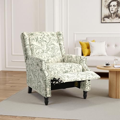 DREAMSIDEA Recliner Chair, Upholstered Wingback Floral Pushback Armchair with Adjustable Backrest & Footrest, Comfy Accent Chair for Small Spaces, Living Room, Bedroom (Rococo Green, Set of 1)