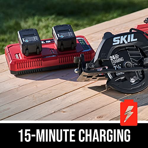 SKIL 2x20V PWR CORE 20 Brushless 7-1/4” Rear Handle Circular Saw Kit Includes Two 5.0Ah Batteries and Dual Port Auto PWR Jump Charger-CR5429B-20, Red Skil