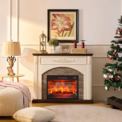44Inch Electric Fireplace with Mantel, White Fireplace Heater with LED Flame, Corner Firebox with 23" Red Brick Firep lace Insert for Bedroom,Living Room BOSHIRO