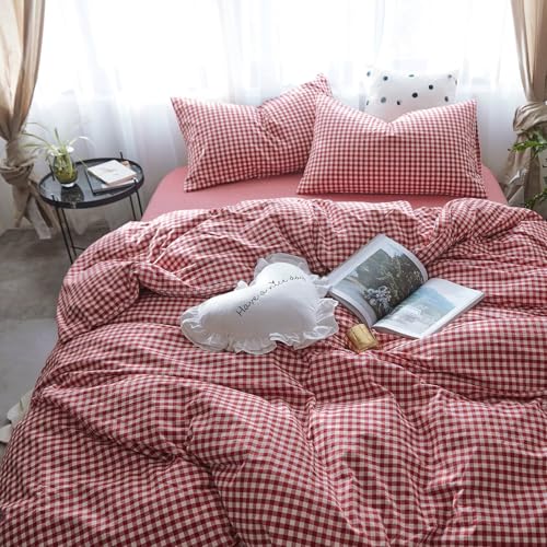 mixinni Red Gingham Comforter Set Twin XL, Plaid Comforter Set 3 Pieces 1 Red Grid Comfoter with 2 Pillow Cases for All Seasons, Soft Fluffy Modern Grid Pattern Printed Bedding-Twin XL Size mixinni