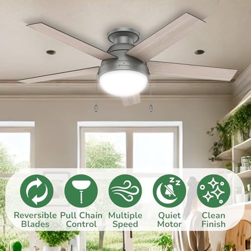 Hunter 59270 Anslee Indoor Low Profile Ceiling Fan with LED Light and Pull Chain Control, 46", Matte Silver Finish Hunter