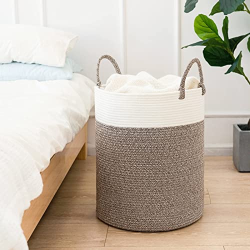 INDRESSME Tall Wicker Laundry Basket, Large Woven Clothes Hamper for Bedroom, Bathroom, Living room, Tall Nursery Hamper for Blankets, Toys, 16 x 20 inches White & Brown INDRESSME