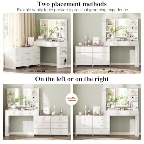Ieejdn Makeup Vanity Desk with Mirror and Lights, Vanity Desk with 8 Drawers & Storage Shelves, Vanity Table with Power Outlet, 3 Color Modes & Adjustable Brightness Dressing Table, Bedroom,White Ieejdn