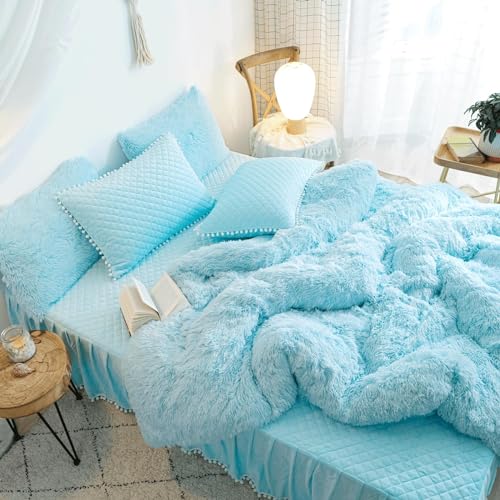HAIHUA Plush Blue Comforter Cover Twin Set, Furry Blue Girls Twin Bedding Set 2 Pieces (1 Shaggy Duvet Cover + 1 Faux Fur Plush Pillow Cases) Girls Fuzzy Bed Set, Fluffy Bed Set, Zipper Closure HAIHUA