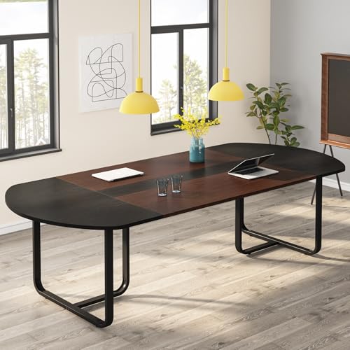 6ft Oval Conference Table Curved Meeting Tables for Office Brown Contemporary Metal Wood Walnut Finish WoodArtSupply