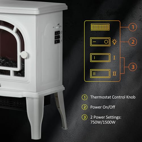 HOMCOM 18" Electric Fireplace Stove, Freestanding Fireplace Heater with Realistic LED Flame, Adjustable Temperature, Overheat Protection, 750W/1500W, White HOMCOM