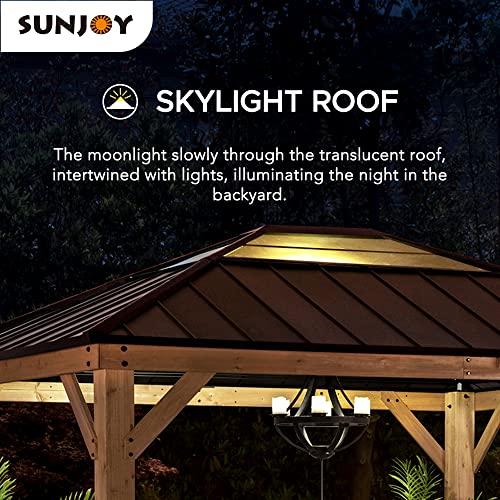 Sunjoy Hardtop Gazebo 11 x 13 ft. Standard Cedar Framed Wood Gazebos with Brown Steel and Polycarbonate Hip Roof for Garden, Backyard Shade, Brown Roof + Natural Wood Frame Sunjoy