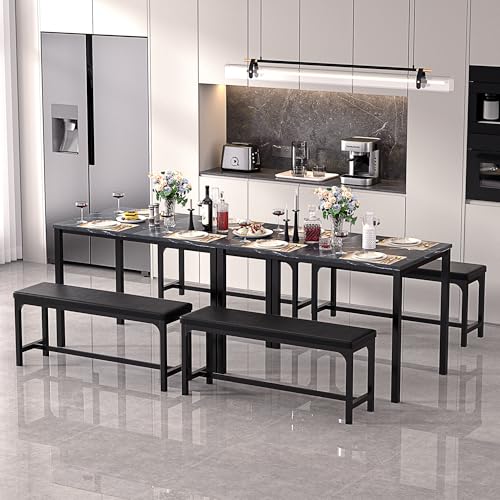 VECELO 3-Piece 63" Extendable Kitchen Table with Benches/Chairs, Modern Breakfast Dinette/Dining Room Set for 4/6/2, Small Space Saving Design, Easy Assembly VECELO