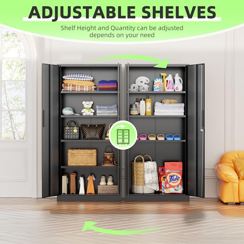 SUNCROWN 72" Metal Storage Cabinet - Heavy-Duty Metal Garage Cabinet with 4 Adjustable Shelves & 2 Doors for Tools, Office, Home, Workshop,Black-Small SUNCROWN