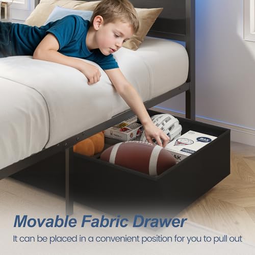 Fluest Twin Bed Frame,Twin Bed Frame with Storage Headboard & Storage Drawer, Charging Station & LED Light, No Box Spring Needed, Noise Free, Easy Assembly, Classic Black Fluest