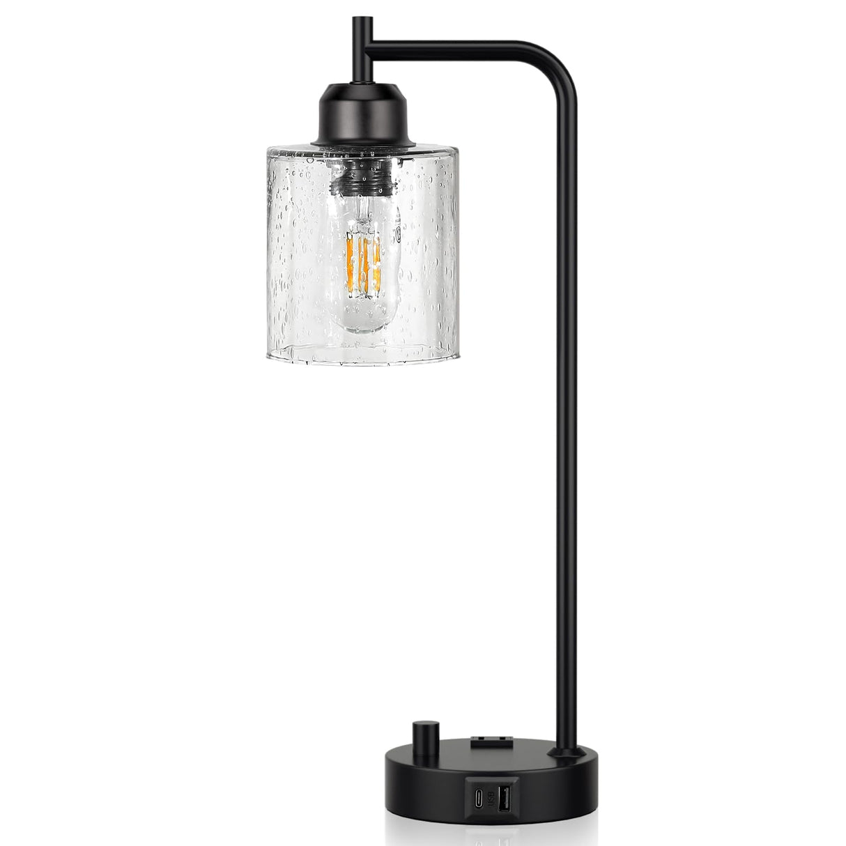 Industrial Bedside Table Lamp for Bedroom - Nightstand Lamps with USB C Charging Port, Fully Dimmable Black Ports and Outlets, Small Desk Glass Shade Office Living Room Innqoo